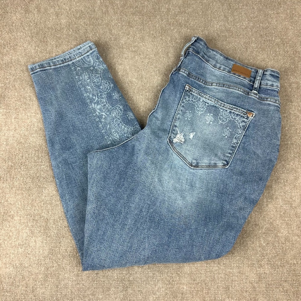 Judy Blue Jeans Womens 18W Denim Paisley Print Distressed Cotton Boyfriend Fit